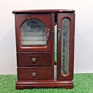 Brown Wooden Floral Heart Jewelry Box with Mirror, Drawers, Hooks, Velvet Lining